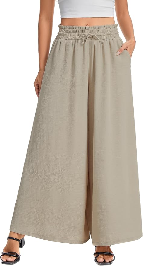 Women’s Wide Leg Pants Drawstring Elastic Waist Casual Trousers Lightweight Loose Lounge Pants with Pockets