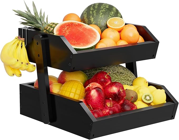 Bamboo 2 Tier Fruit Basket for Kitchen Counter, Large Capacity Fruit Storage Countertop, Fruit Holder, Wood Pantry Organizers and Storage, Kitchen Countertop Organizer With Two Banana Hangers (Black)