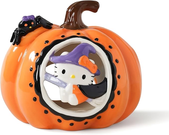 Blue Sky Clayworks Hello Kitty Pumpkin Cut Candle House, Ceramic, 7.125" L x 7" W x 6" H, Witchy Window Glow