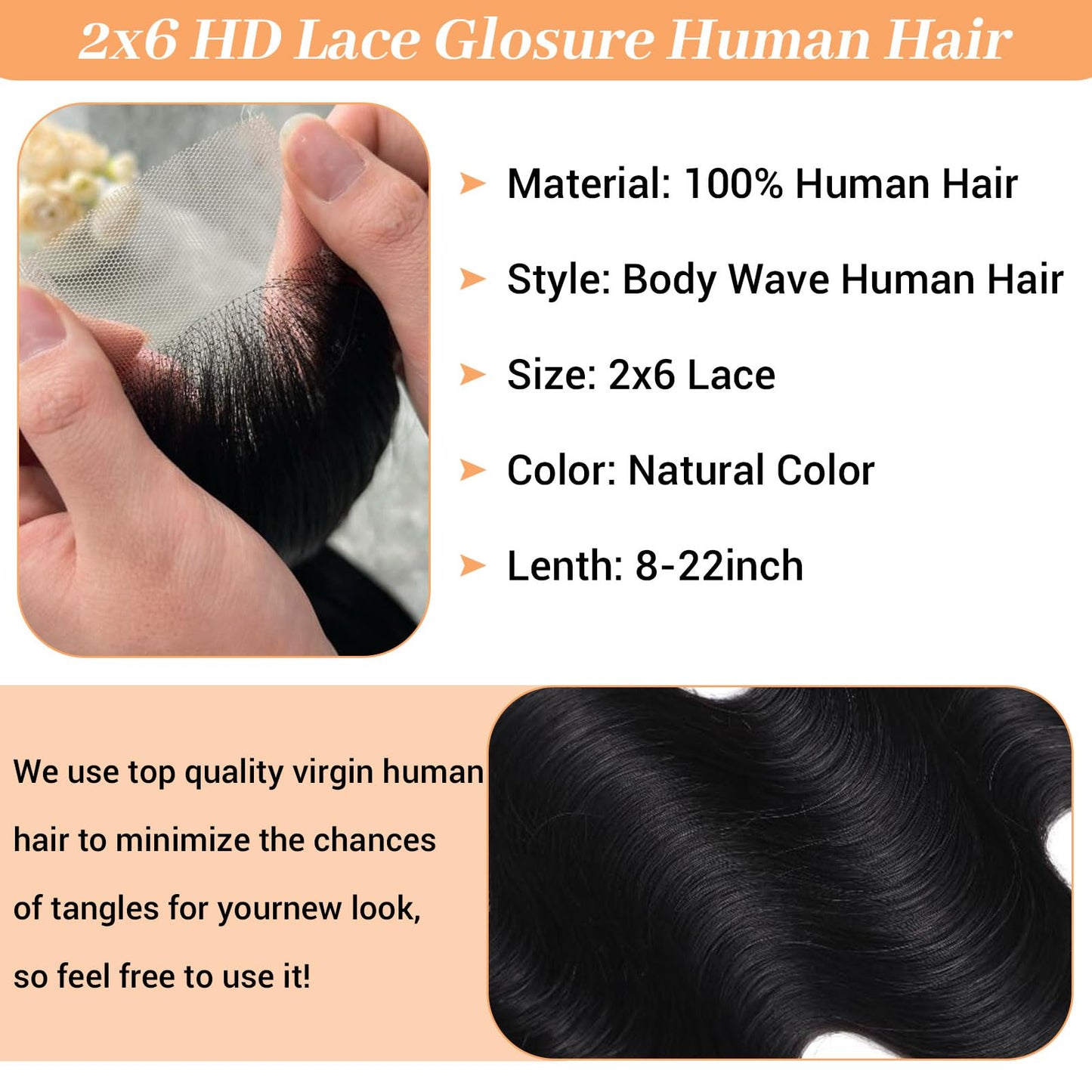 2x6 Closure Human Hair 16 Inch HD Transparent Lace 2x6 Body Wave Closure Middle Part Brazilian Human Hair Closure With Baby Hair