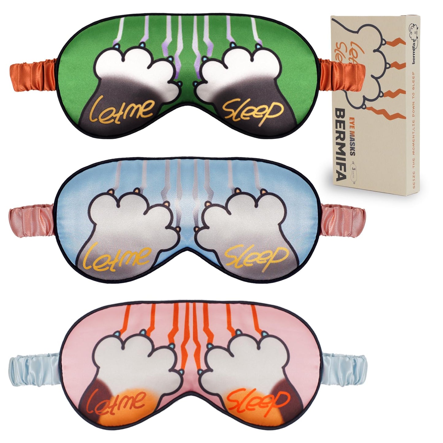 BERMIFA Sleep Masks, 3 Packs Silky Satin Eye Masks for Sleeping,Effective Light Blocking Blindfold for Men Women, Cute Cat Paw Design, with No-Pressure Elastic Strap
