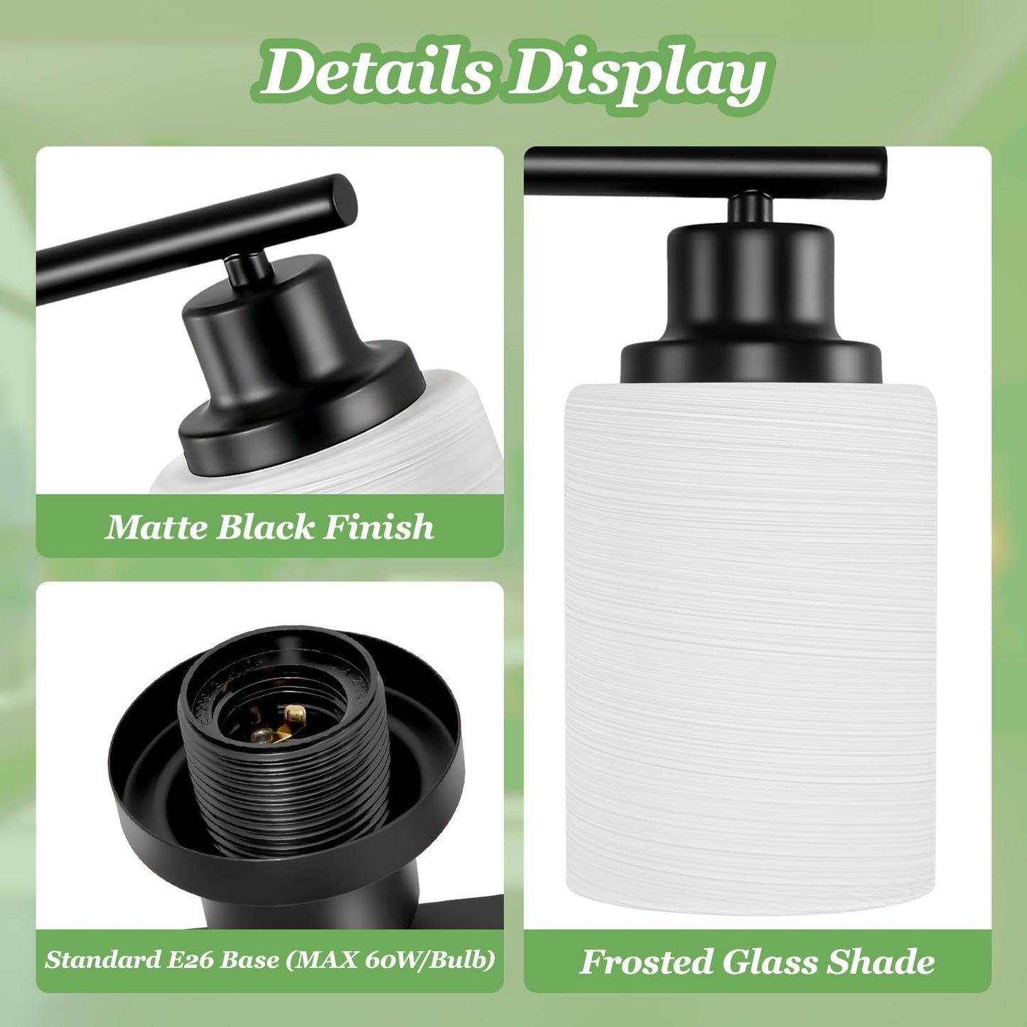 Guliaofo 2-Light Vanity Lights  Black Bathroom Light Fixture With Striped Textured Milky White Glass Shade  Modern Vanity Lighting Fixture For Bathroom Wall Light Over Mirror  E26 Wall Sconce