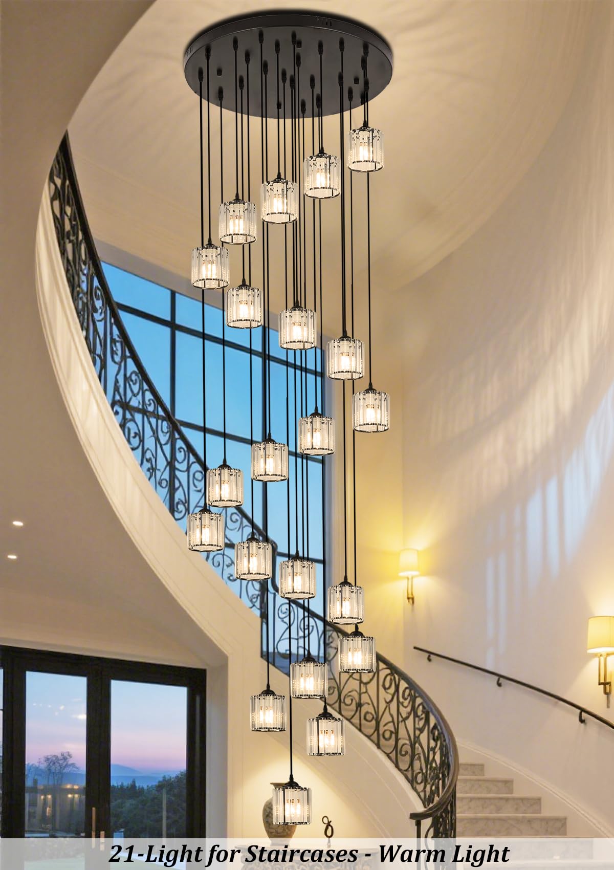 Meimond Long Chandeliers For High Ceilings Modern Crystal Pendant Light Raindrop Drop Lamp Hanging Flush Mount Lighting Fixtures For Spiral Staircase Foyer Entryway Living Room Black (21 Lights)