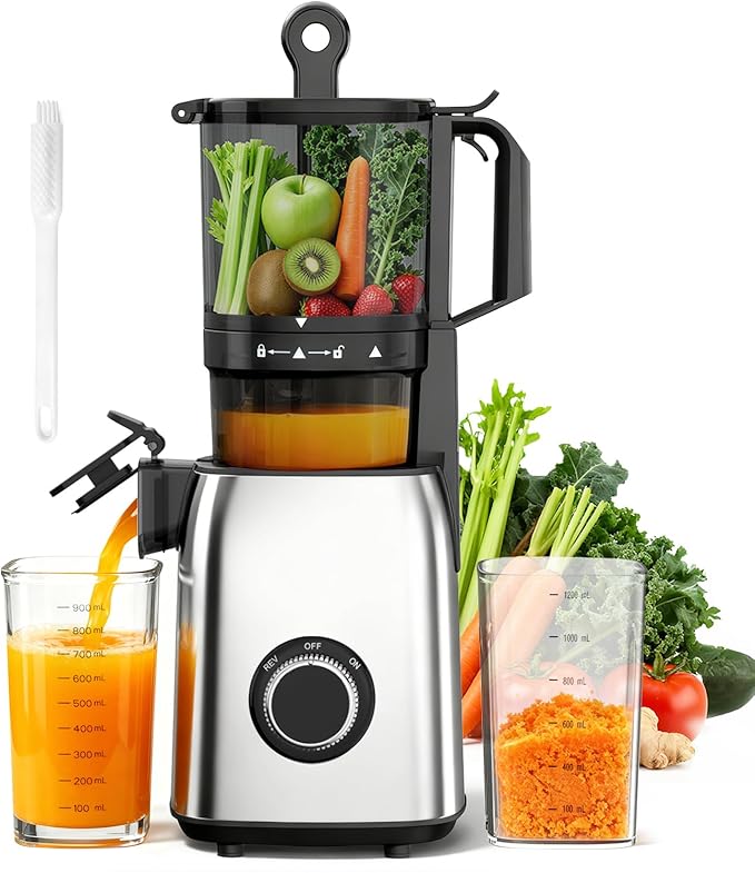 Cold Press Juicer, 5.4" Extra Wide Feed Chute Juicer Machines for Whole Vegetables & Fruits, 98% High Juice Yield, Easy Clean & Install, Compact Slow Masticating Juicer with 300W, Grey