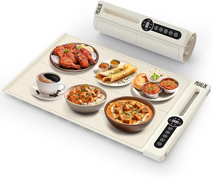 Warming Mat for Food, Roll-UP Fast Heating Silicone with 6 Level Temperature, 2 Zone and 3 Pad Parallel Expansion, Automatic On-Off Timer Setting