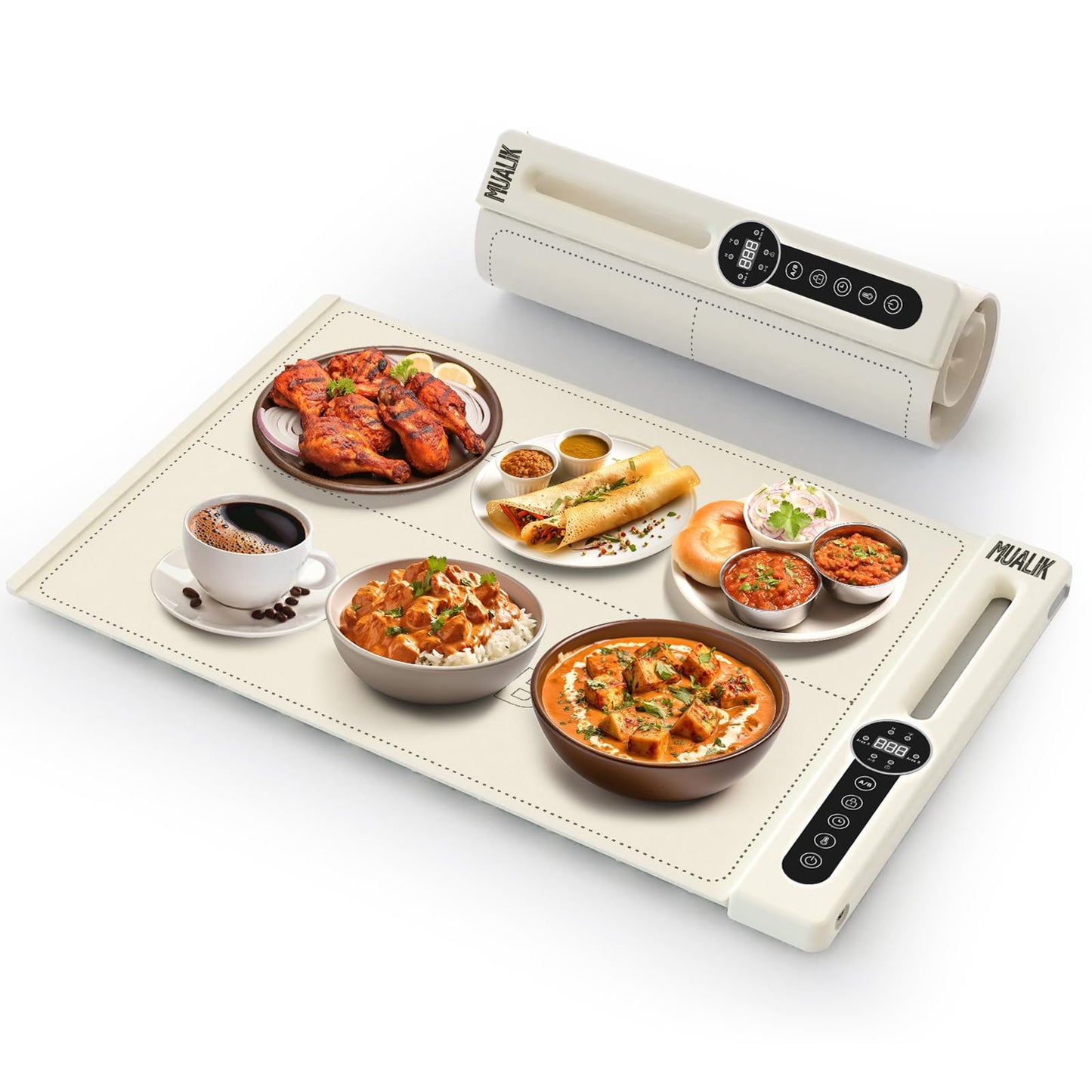 MUALIK Warming Mat for Food, Roll-UP Fast Heating Silicone with 6 Level Temperature, 2 Zone and 3 Pad Parallel Expansion, Automatic On-Off Timer Setting