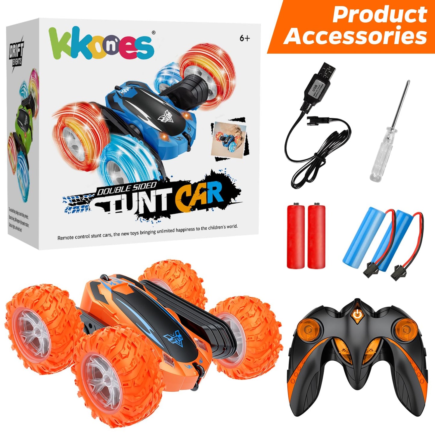 Remote Control Car, 2.4GHz Electric Race Stunt Car, Double Sided 360° Rolling Rotating Rotation, LED Headlights RC 4WD High Speed Off Road Gift for 3 4 5 6 7 8-12 Year Old Boy Toys (Orange)