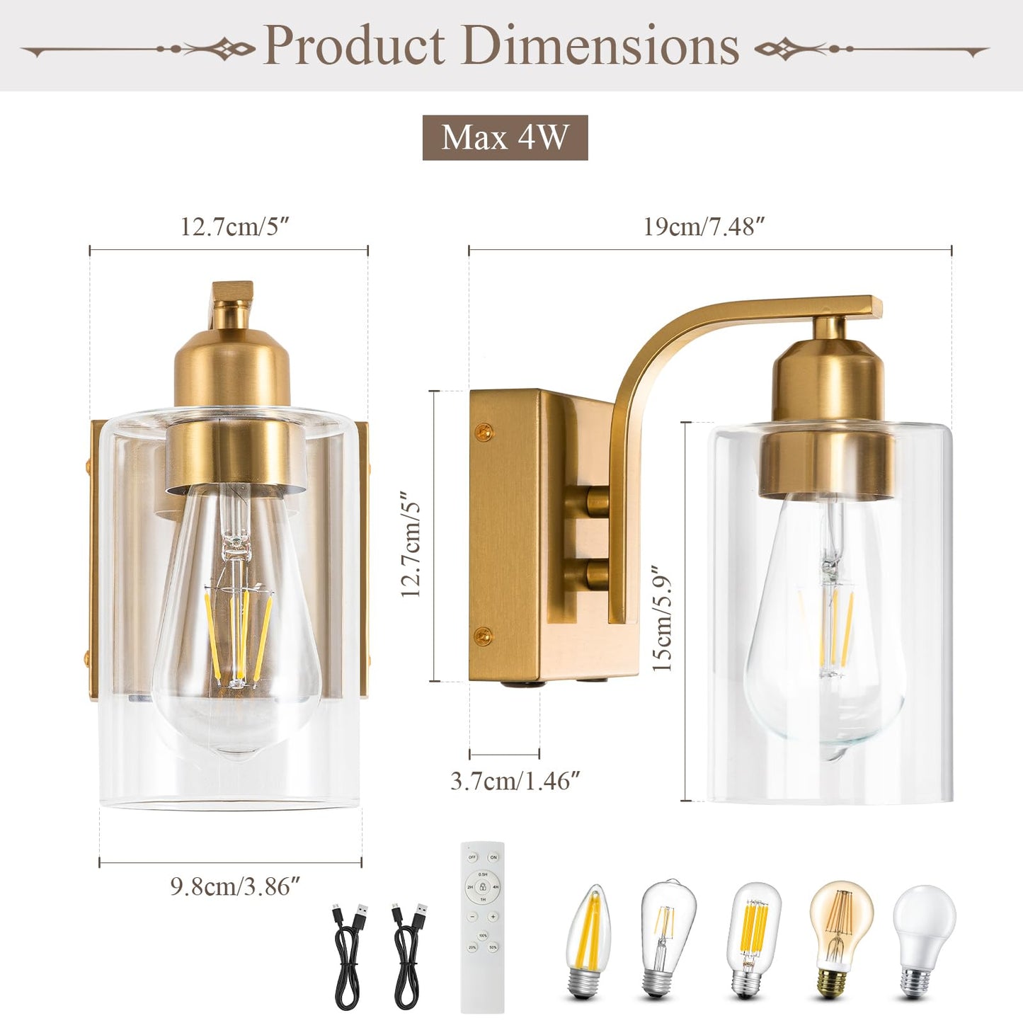 BELS Wall Sconces Set of 2, 8 Inch Gold Battery Operated, Dimmable with Remote, Clear Glass, Model VL-1195WT-GD-2P