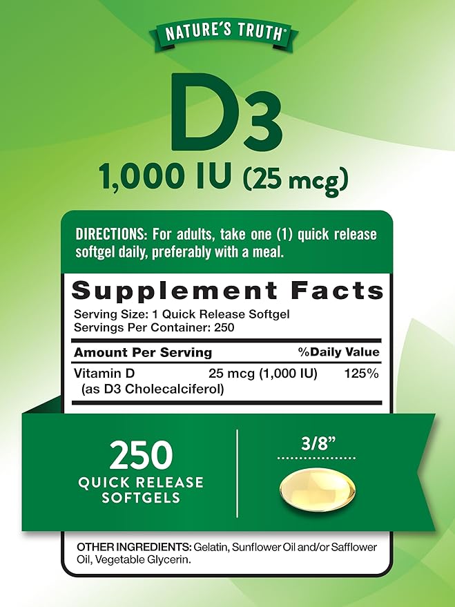 Nature's Truth D3 1000 IU | 250 Softgels | Essential Vitamin D | Non-GMO & Gluten Free Supplement
