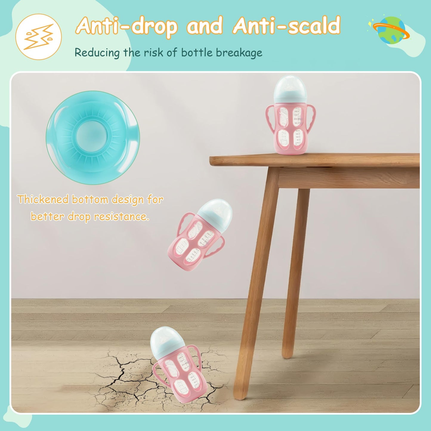 4 Pack Silicone Sleeves with Handles for Philips Avent Natural Baby Bottle 9 oz/8 oz, Avent Glass Bottles Sleeve Easy grip, Anti Breakage Baby Bottle Holder, Compatible with Philips Avent Glass Bottle