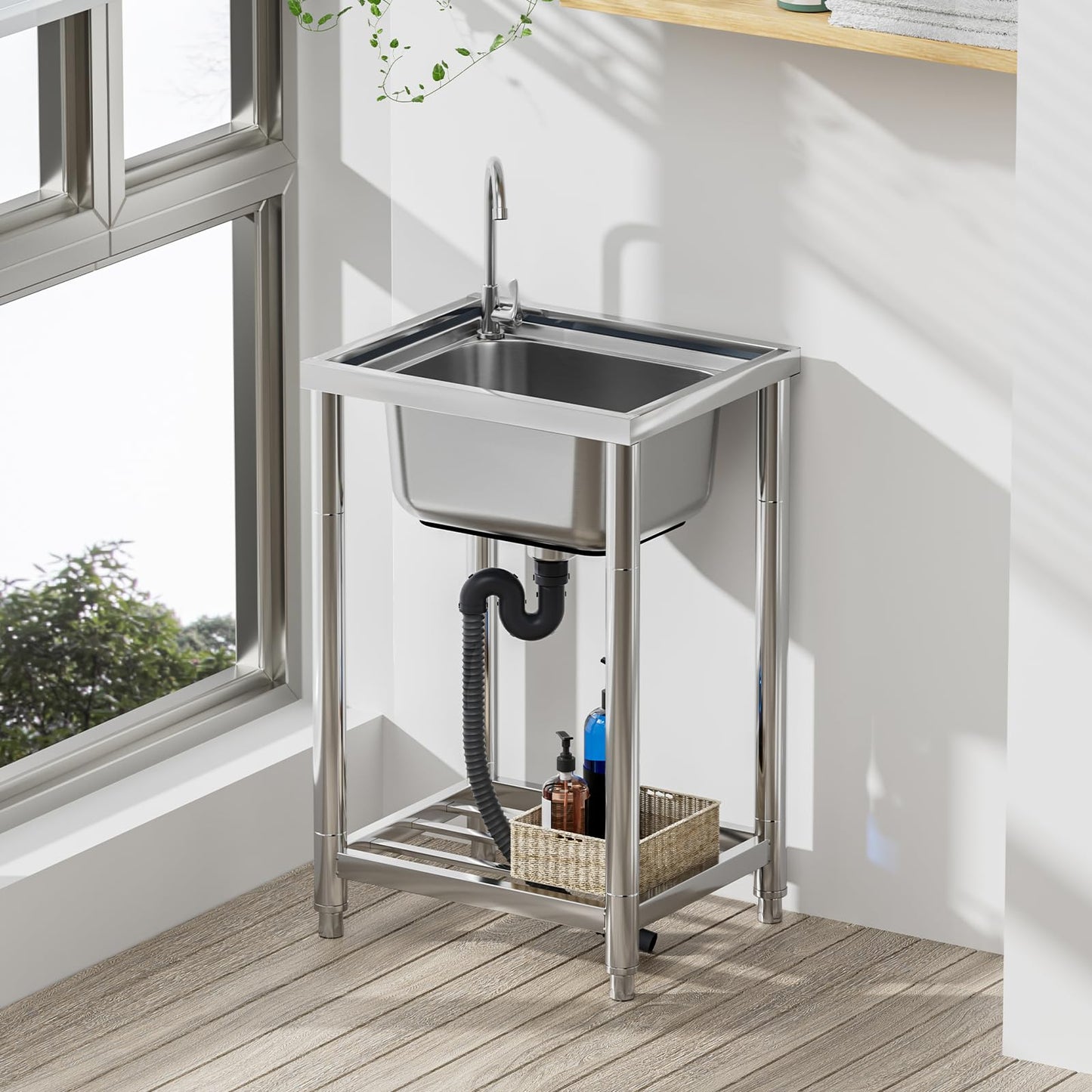 Vivrhintty Free Standing Stainless-Steel Single Bowl Kitchen Sink Set with Faucet, Utility Washing Hand Sink for Indoor and Outdoor Use