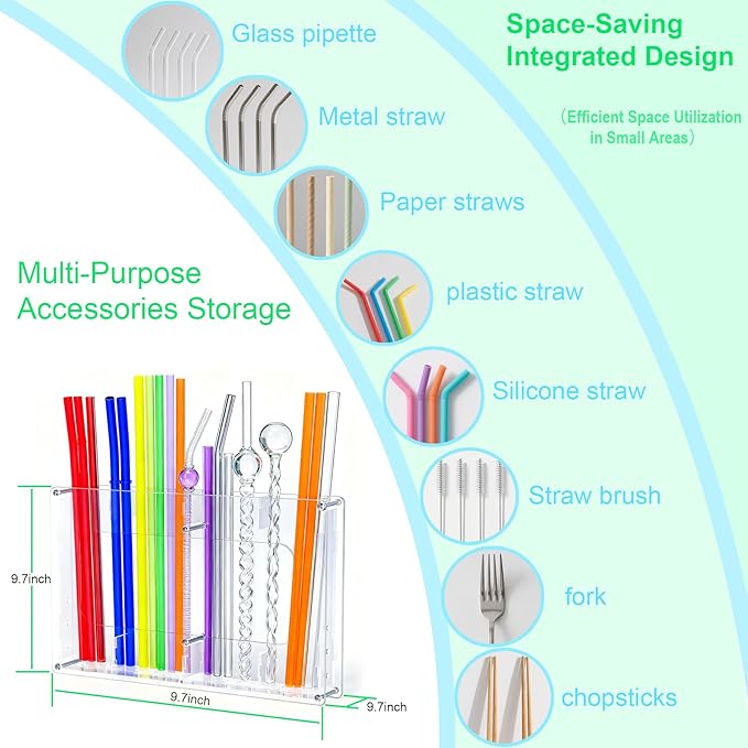 Acrylic Straw Holder for Cabinet, Reusable Straw Organizer with Double Sided Adhesive Tape Tumbler Straws Storage Container for Cupboard Drinking Straws Dispenser for Kitchen Counter (Transparent, A3)