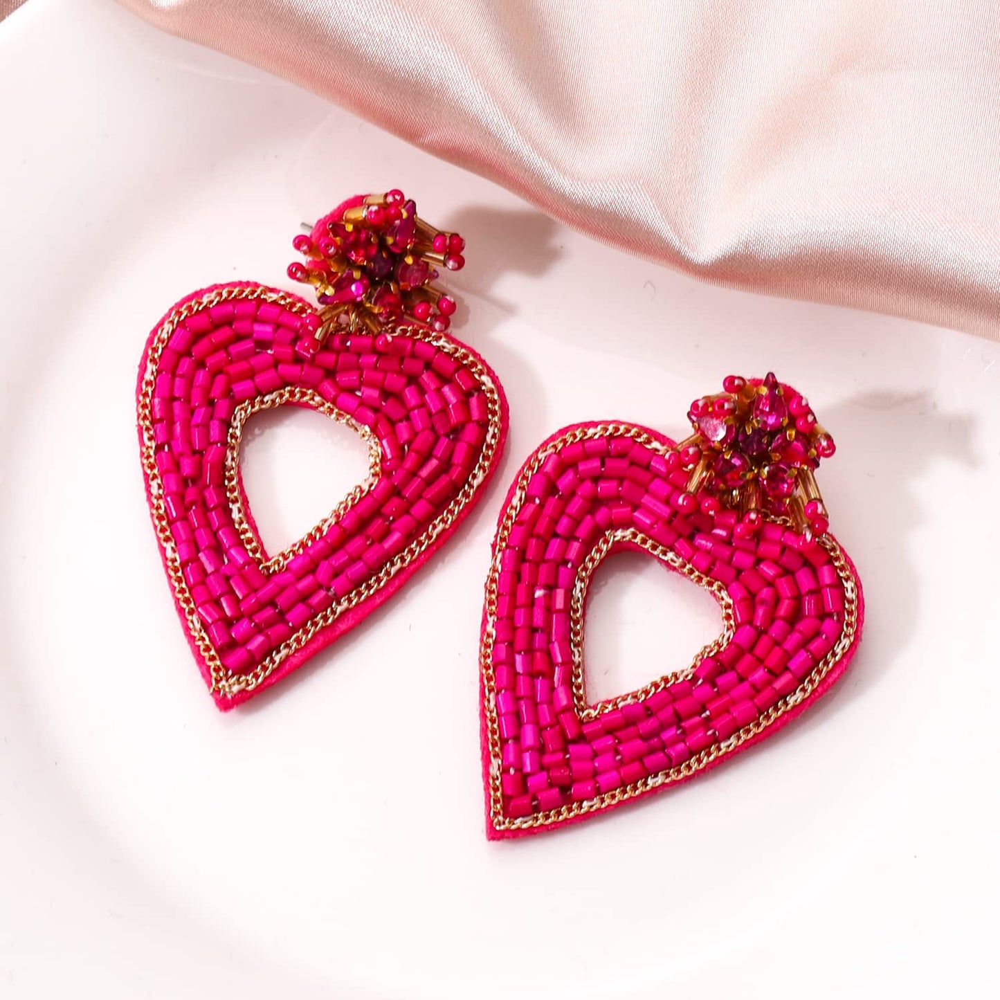 Heart Earrings for Women Valentines Day Earrings Beaded Heart Drop earrings Edged in gold beading Fashion Trendy Big Love Dangle