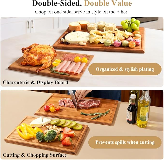 Bamboo Cutting Board Set, 2PCS Double-Sided Chopping Boards for Kitchen Meal Prep & Serving, Charcuterie, Juice Grooves & Side Handle, Ideal for Meat, Vegetables, Kitchen Essentials