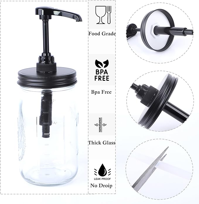 32 oz Mason Syrup Sauce Honey Dispenser Pump Bottle 1 Quart Wide Mouth Glass Coffee Syrup Condiment Ketchup Container Food Grade Airtight & Leak-Proof
