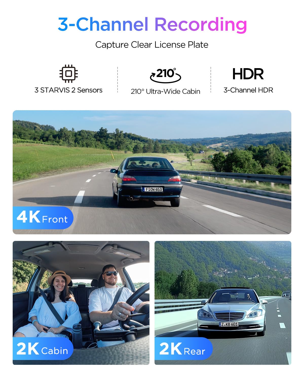 Viofo A329S 4K 3 Channel Dash Cam, 4K Front + 2K Cabin Fisheye (210) + 2K Rear, Power Saving Parking Mode, Wi-Fi 6 App Control,