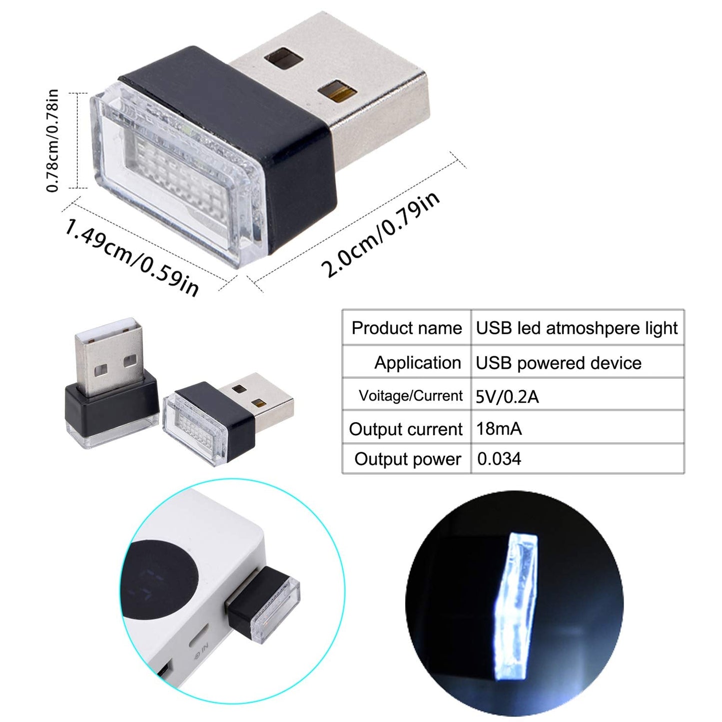 Febrytold Mini Usb Led Car Interior Ambient Lights - 2 Pcs, White, Plastic, Model Fbd19120538, Perfect For Trunk Atmosphere