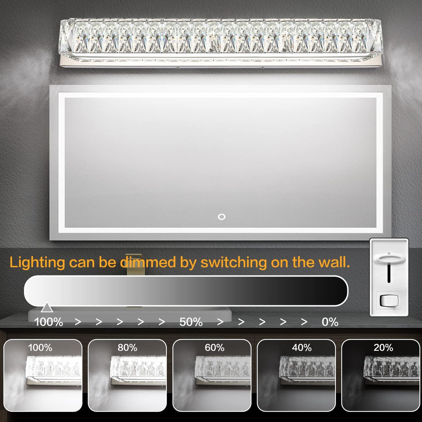 ZUZITO 30 Inch LED Bathroom Vanity Lighting Fixture, Polished Chrome with K9 Crystals, Dimmable, Model 7500-760mm-6200k