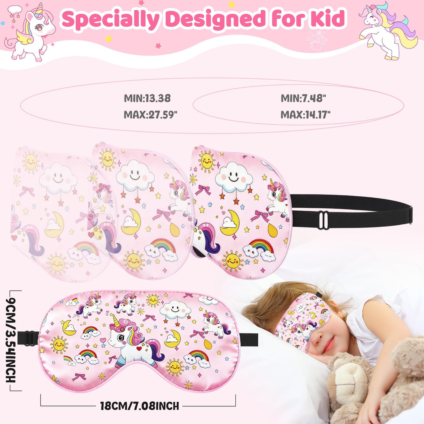 2 Pcs Sleep Mask for Kids Girls, Silk Eye Covers for Sleeping, Adjustable Strap & Light Blocking Design, Children's Bedtime Blindfold for Travel and Home Use (Rainbow Unicorn)