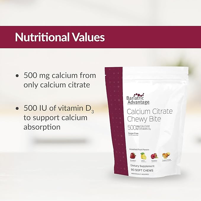 Bariatric Advantage Calcium Citrate Chewy Bites 500 mg - for Bariatric Surgery Patients - Vitamin D3 - Sugar-Free Chewable Calcium Supplement - Bariatric Chews - Assorted Fruit - 90 Count