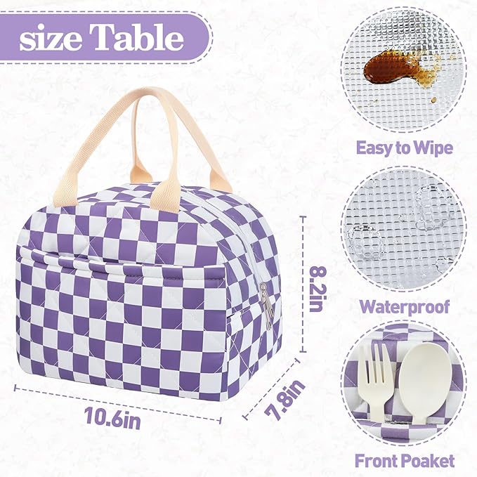 Cotton Quilted Insulated Lunch Bag, Cute Quilted Floral Lunch Tote Bags Reusable Insulated Lunch Box Coquette Aesthetic Large Capacity Insulated Cooler for Women Work Travel Picnic (Checkered Purple)
