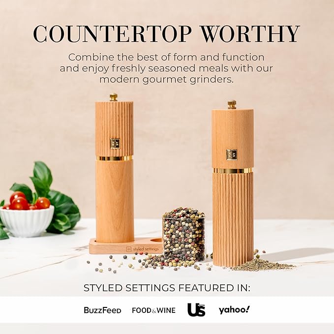 Styled Settings Wooden Salt and Pepper Grinder Set with Gold Accents – Refillable Wooden Manual Salt and Pepper Mill Set with Adjustable Ceramic Mills & Matching Wood Stand - Ideal for Gifting