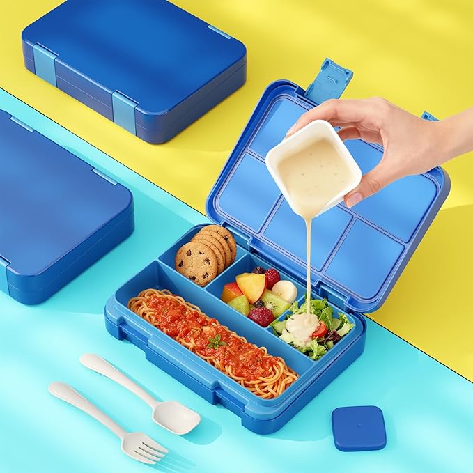 Bento Lunch Box for Kids, 4 Compartments Kids Leak Proof Bento Lunch Boxes Food Containers for School, Travel, On-the-Go Meal, Food Grade, Microwave, Dishwasher Safe, Pure Blue