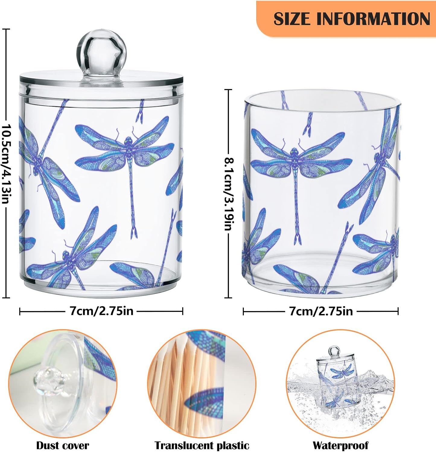 2 Pack Qtip Holder Organizer Dispenser Dragonflies Bathroom Storage Canister Cotton Ball Holder Container for Cotton Swabs/Pads/Floss
