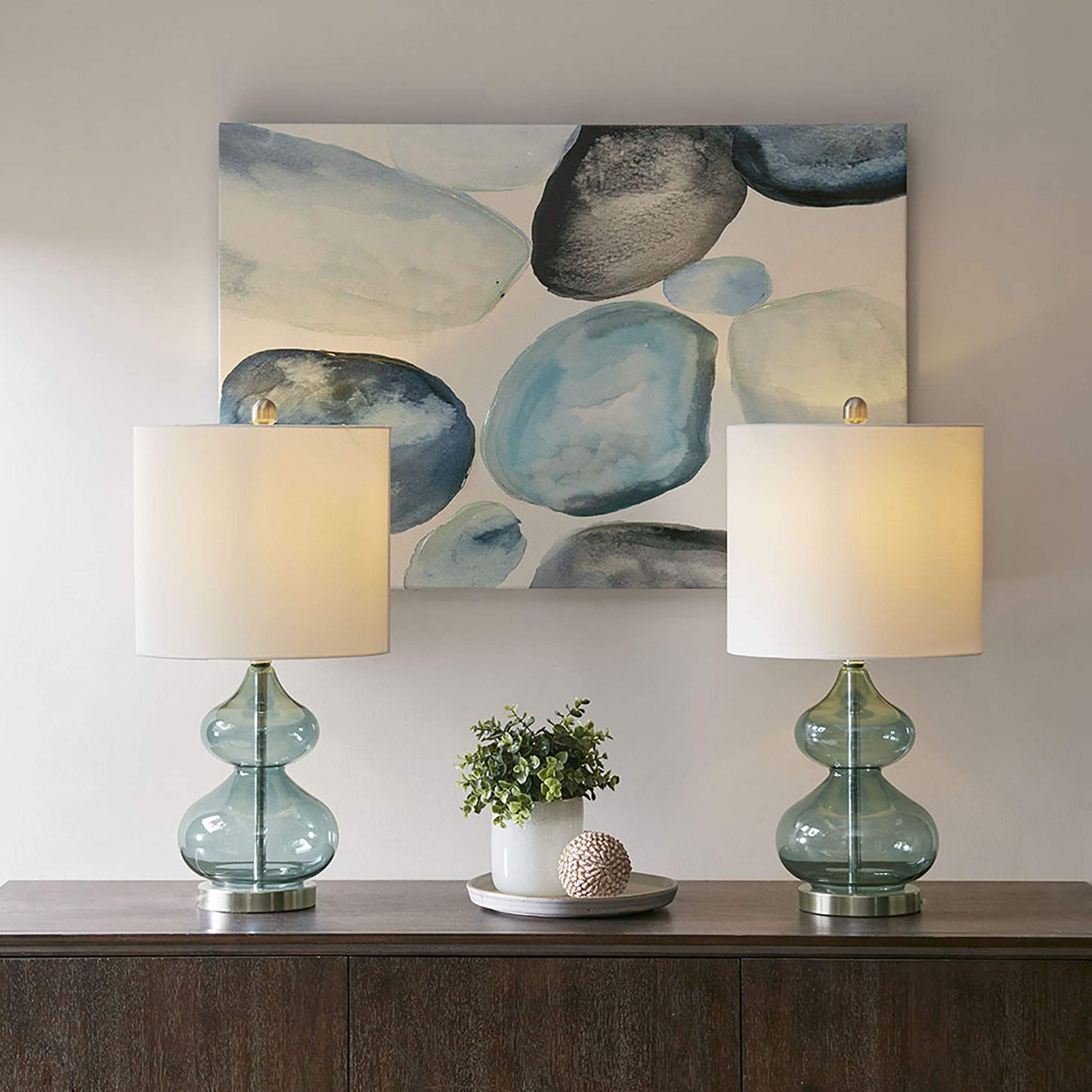 510 DESIGN Ellipse Table Lamp Set of 2, Glass, Brushed Nickel Base, 12inLx12inWx25.25inH, Blue, Model 5DS153-0018