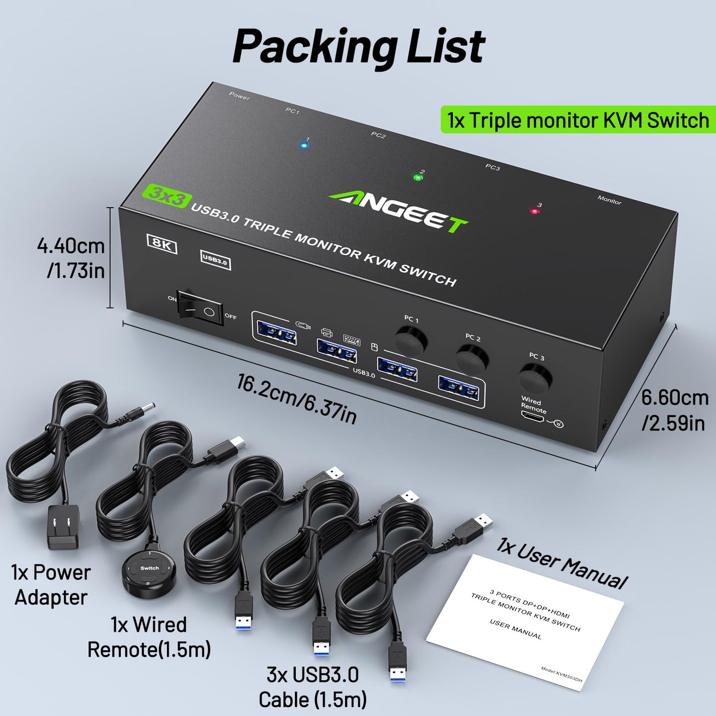 KVM Switch 3 Monitors 3 Computers 8K@60Hz 4K@144Hz, ANGEET HDMI and Displayport Triple Monitor KVM Switch, 3 Monitors KVM with 4 USB 3.0 Ports for USB Devices, Wired Remote and Power Adapter Included