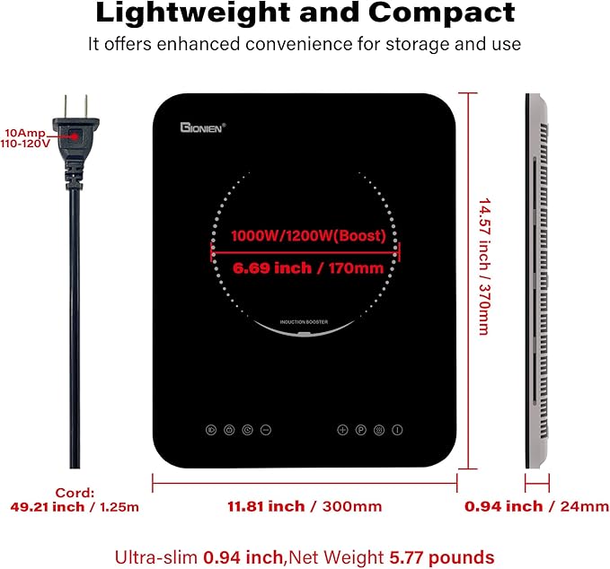 GIONIEN Portable Induction Cooktop 1200W,Single Hot Plate Countertop Burner 110~120V,Sensor Touch Electric Cooker,10 Power,0.94”Ultra Thin,6.69” Heating Coils,Child Safety Lock,Timer