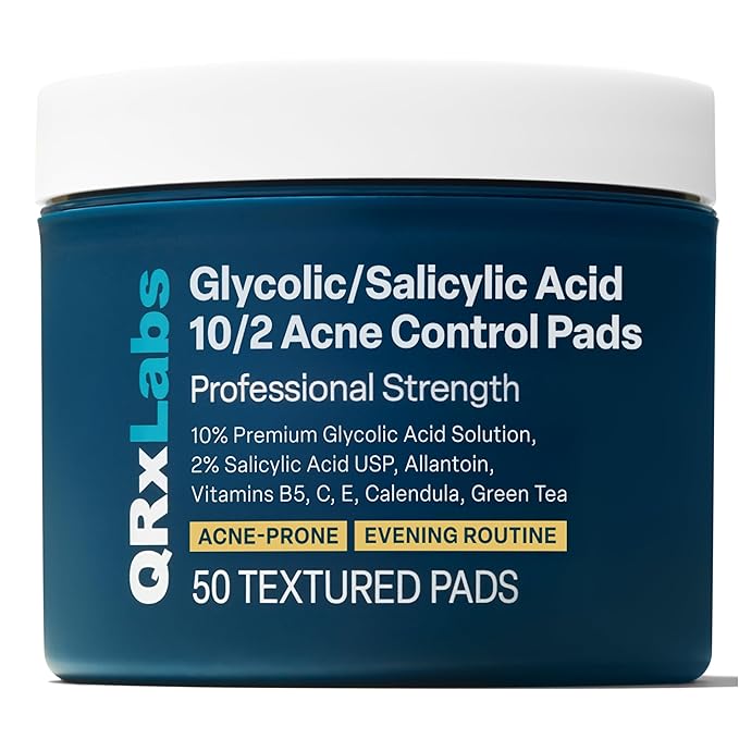 QRxLabs Glycolic + Salicylic Acid Acne Control Pads with 10% Ultra Pure Glycolic & 2% Salicylic, Allantoin, Vitamin B5, C & E, Calendula & Green Tea - Acne Treatment for Clear Skin