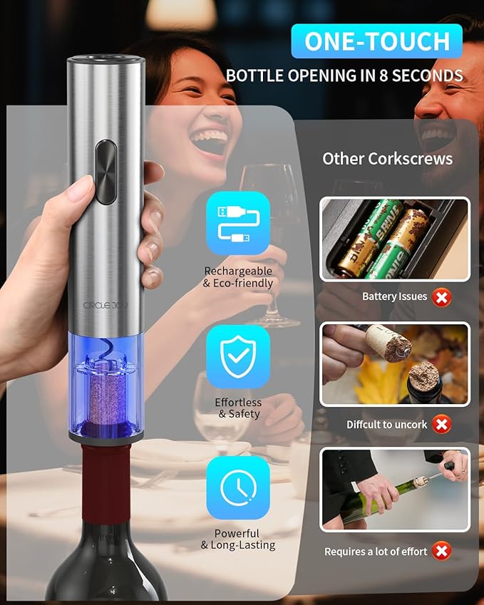 CIRCLE JOY Electric Wine Opener 7-in-1 Stainless Steel Rechargeable Electric Wine Bottle Opener Gift Set with Automatic Vacuum Pump, Foil Cutter, Wine Pourer, 2 Vacuum Stoppers & Charging Station