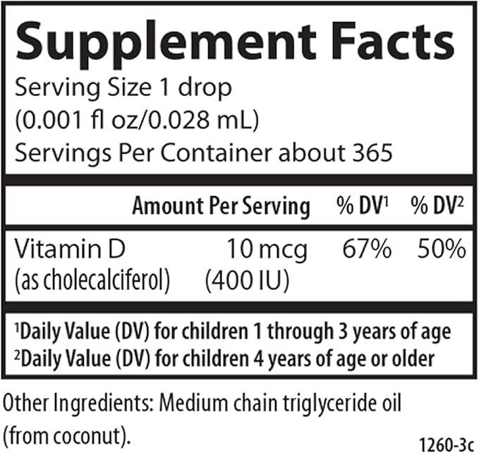 Carlson - Kid's Super Daily D3, Kids Vitamin D Drops, 400 IU (10 mcg) per Drop, Heart & Immune Health, Vegetarian, Liquid Vitamin D Drops, Unflavored, 365 Drops