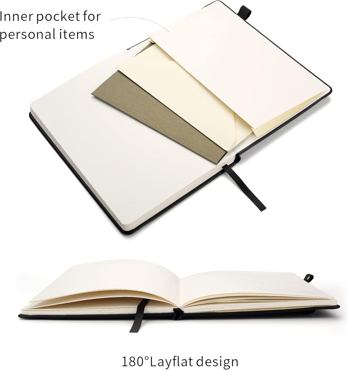 Deziliao Lined Journal Notebooks with Pen Loop, Hardcover Notebook Journal for Work, 100Gsm Premium Thick Paper with Inner Pocket, Medium 5.7"x8.4", （Black, Ruled）