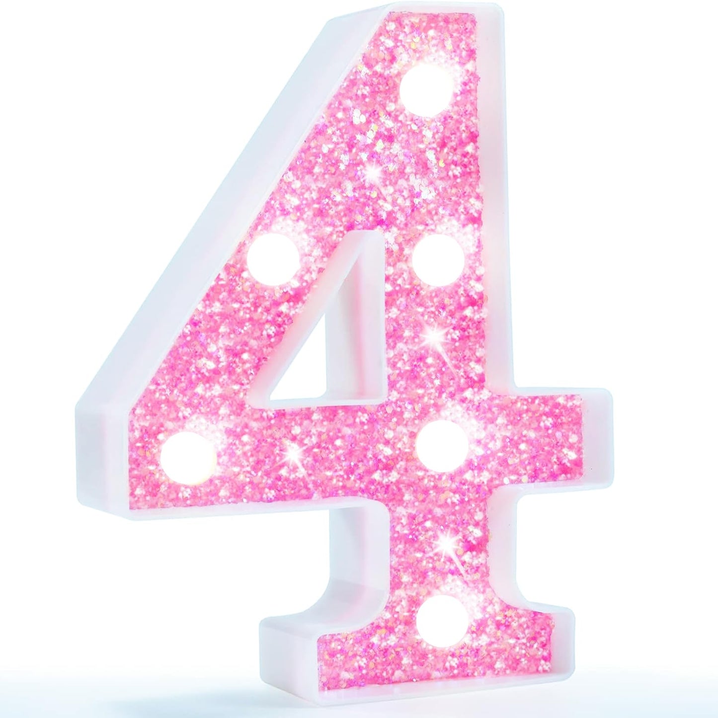 Pooqla Marquee Number Lights  Pink Light Up Numbers For Girls 4Th Birthday  Battery Powered Glitter Number Night Light Gift For Wedding Christmas Bedroom Dorm Party Decoration  Cool White Number 4