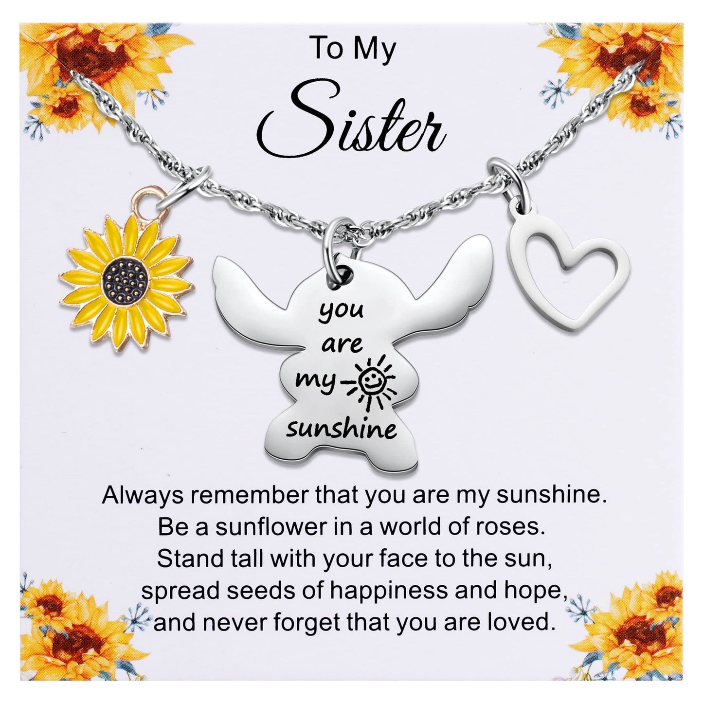 My Sister Sunshine Necklace - Stitch Gift for Sister, Brother, School, Birthday, Christmas, Valentine's Day