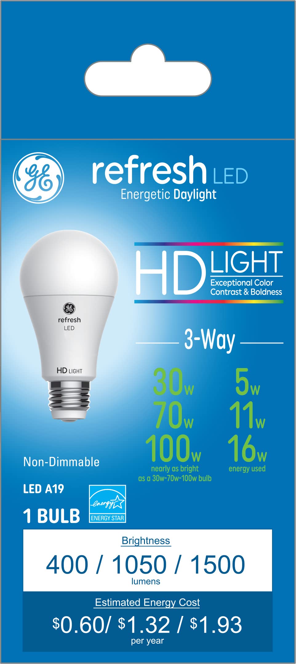 GE Lighting Refresh LED HD 3-Way Light Bulb, 5/9/16W Equivalent, Daylight, Medium Base, 1 Count, Model 46228, White