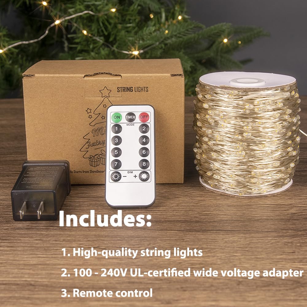 Pcores Plug In Fairy Lights 100 Feet 300 Led Warm White Silver Wire Remote Control Indoor Outdoor String Lights For Bedroom Living Room Patio Porch Garden Christmas Tree
