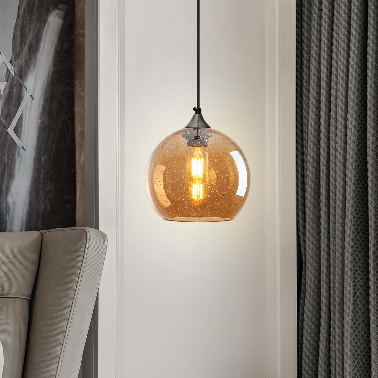 Lbsqj Amber Glass Pendant Lights Kitchen Island Lighting Globe Pendant Light Fixtures Modern Pendant Lighting For Bedroom Living Dining Room Light Fixture (7.87 In  3 Pack)