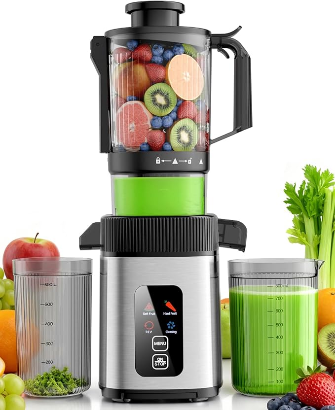 Kismile Cold Press Juicer Machine with Touch Control & 3 Modes, 4.35” Wide Feed Chute Slow Juicer for Whole Fruits & Vegetables, Stainless Steel Juicer Press, Easy to Clean, High Juice Yield for Home