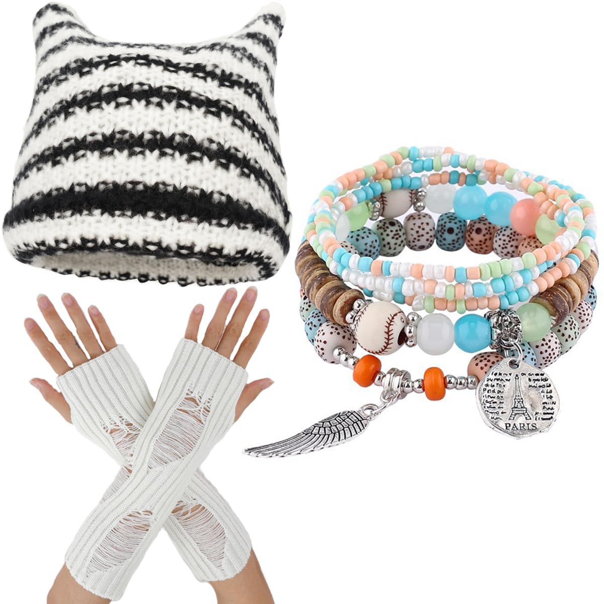 therian Emo & Y2K Fusion Set: Cat-Ear Knit Hat, Fingerless Grunge Gloves, & Trendy Bracelets White