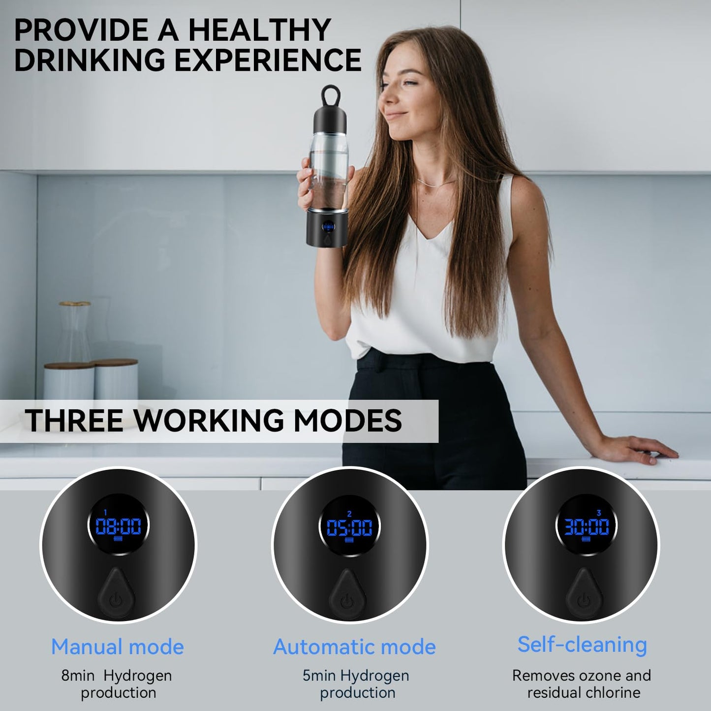 Hydrogen Water Bottle,Portable Hydrogen Water Bottle Generator with Three Modes Produces 5000 PPB of Hydrogen Water in 8 Minutes,Aluminium and Glass,with Light,Rechargeable for Travel,Office