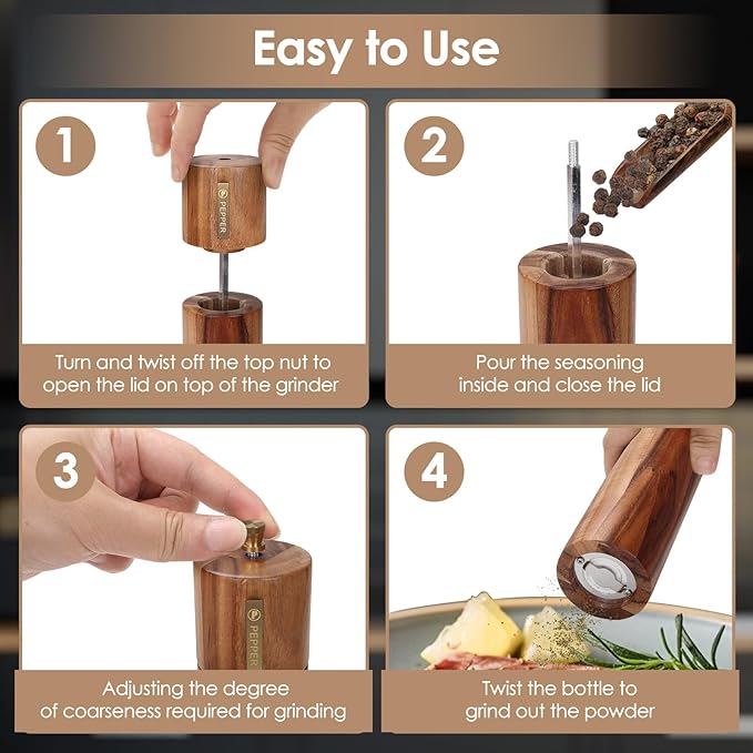 Wooden Salt and Pepper Grinder Set, 8 inch Manual Salt and Pepper Mill with Brush and Spoon, Adjustable Coarseness, Refillable Pepper Grinder for Kitchen, Brown