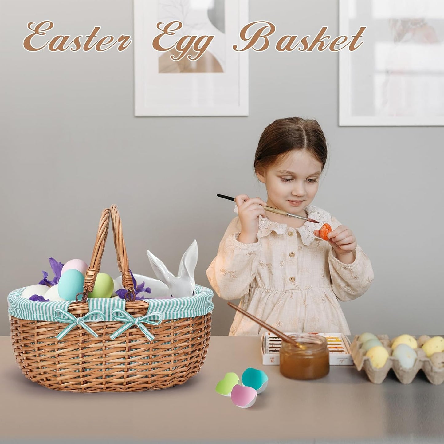 G GOOD GAIN Oval Picnic Basket with Folding Handles, Willow Hand Woven Shopping Basket, Bath Toy Kids Toy Storage Gift Packing Basket, Wicker Empty Easter Eggs and Candy Small Gift Basket.Green