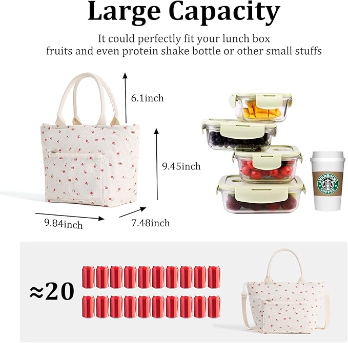 Lunch Bag for Women Adult Large Insulated Lunch Box Girl Cute Corduroy Lunch Tote Bags Reusable Leakproof Cooler Work Picnic