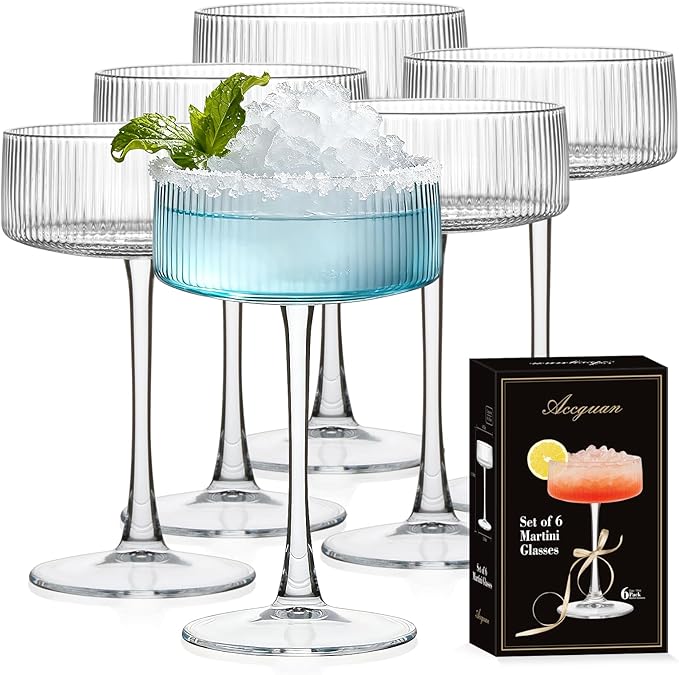 Accguan Ribbed Coupe Glasses, 10 oz Crystal Cocktail Glasses Set of 6, Vintage Martini Glasses for Bar, Cocktail, Margarit...