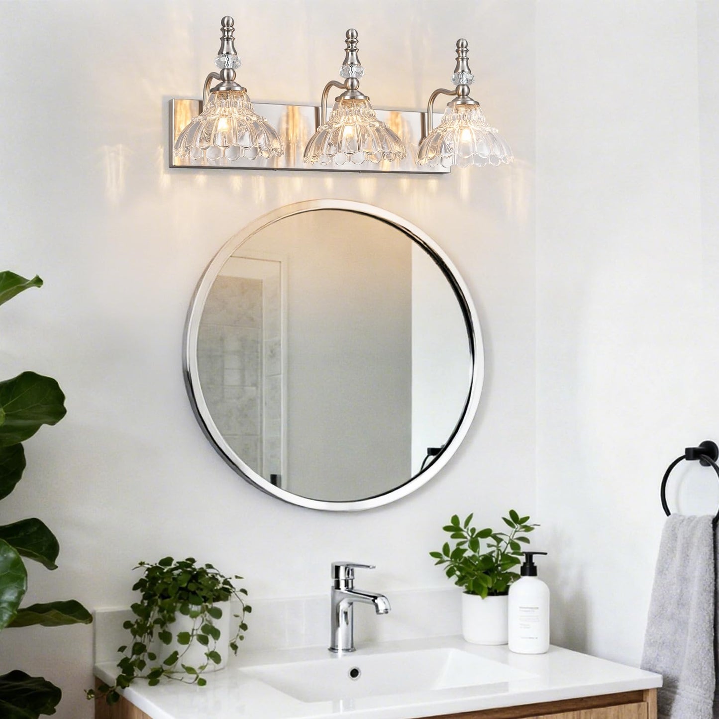 Lbsqj Vintage Bathroom Vanity Light  3-Light Brushed Nickel Vanity Lighting Fixture With Flower Glass Shade  Bathroom Lighting Fixtures Over Mirror