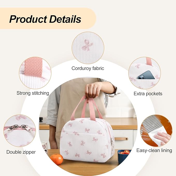 Lunch Box for Women,Cute Corduroy Lunch Tote Bag,Reusable Insulated Lunch Box,Large Capacity Cooler Bag with Compartments for Work, Picnics or Travelling