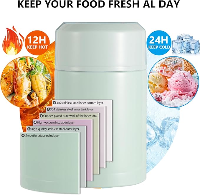 Insulated Food Jar 33.8oz, 316 Stainless Steel Lunch Container, 12H Hot 24H Cold Soup Thermo, Leak-Proof Thermo Jar for Work, Construction, Travel (Blue)